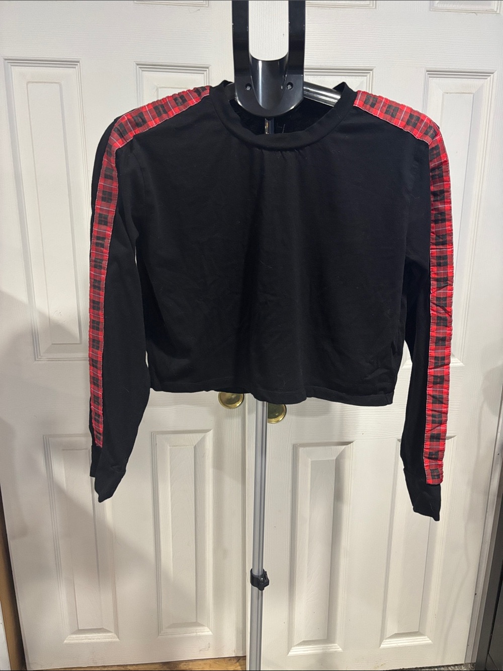 Forever 21 Black Cropped Long Sleeved Shirt  with Red Plaid Sleeve Panels
